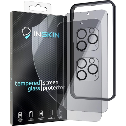 Inskin – Protecteur d’écran de confidentialité pour iPhone 14 Pro – verre trempé 2+2 pour écran et objectif d’appareil photo, alignement automatique