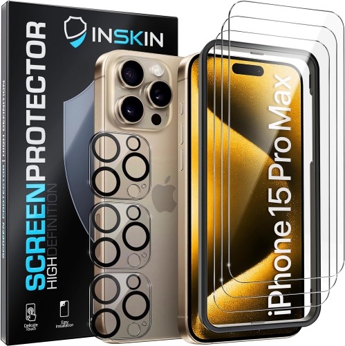 Inskin Screen Protector for iPhone 15 Pro Max - 3+3 Tempered Glass for Screen & Camera Lens, Auto-Align Installation, Ultra HD, Plasma Coating, Fits
