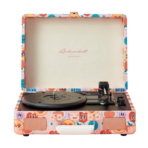 ARKROCKET  Curiosity Bluetooth Turntable Retro Suitcase 3-Speed Record Player With Built-In Speakers-Smiley Limited Edition