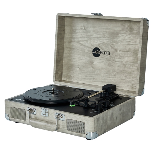 Arkrocket Curiosity Bluetooth Turntable Retro Suitcase 3-Speed Record Player with Built-in Speakers-Gray woodgrain