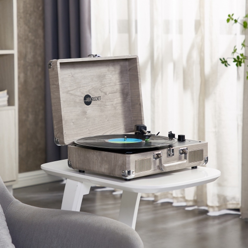 Arkrocket Curiosity Bluetooth Turntable Retro Suitcase 3-Speed Record Player with Built-in Speakers-Gray woodgrain