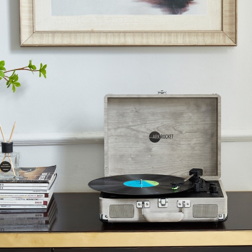 Arkrocket Curiosity Bluetooth Turntable Retro Suitcase 3-Speed Record Player with Built-in Speakers-Gray woodgrain