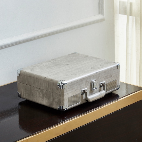 Arkrocket Curiosity Bluetooth Turntable Retro Suitcase 3-Speed Record Player with Built-in Speakers-Gray woodgrain