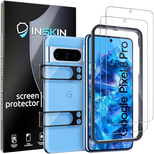 Protecteur d'écran d'Inskin pour Pixel 8 Pro de Google - Paquet de 2 + 2 verres trempé pour écran et objectif d'appareil photo