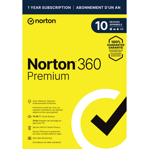 Norton 360 Premium - 10 Devices - 75GB Cloud Backup - 1 Year Subscription