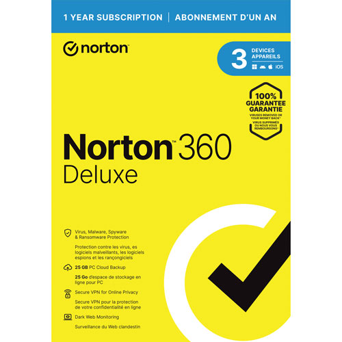 Norton 360 Deluxe - 3 Devices - 25GB Cloud Backup - 1 Year Subscription