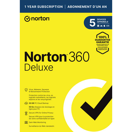 Norton 360 Deluxe - 5 Devices - 50GB Cloud Backup - 1 Year Subscription