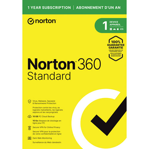 Norton 360 Standard - 1 appareil - Stockage infonuagique de 10 Go - Abonnement de 1 an