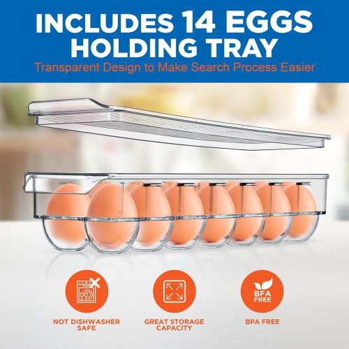 Set Of 6 Refrigerator Organizer Bins - 5 Wide Fridge Organizers and 1 Egg Holding Tray for Freezer, Kitchen, Countertops, Cabinets
