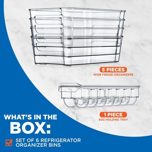 Set Of 6 Refrigerator Organizer Bins - 5 Wide Fridge Organizers and 1 Egg Holding Tray for Freezer, Kitchen, Countertops, Cabinets