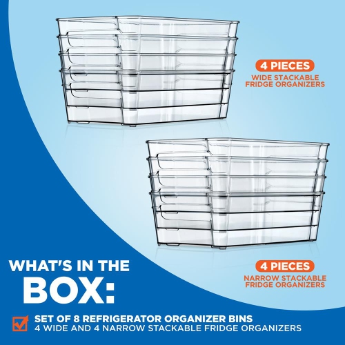 Set Of 8 Refrigerator Organizer Bins - 4 Wide and 4 Narrow Stackable Fridge Organizers for Freezer, Kitchen, Countertops, Cabinets