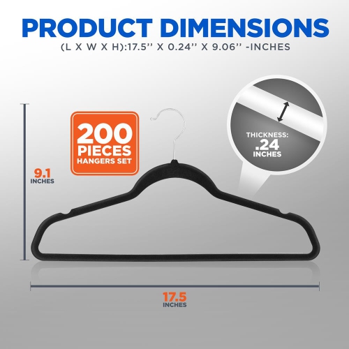 200 Pcs. of Velvet Non-Slip Hangers for Clothes - Heavy Duty Coat Hanger Set with 360° Swivel Hook