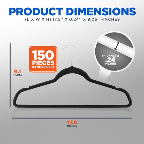 150 Pcs. of Velvet Non-Slip Hangers for Clothes - Heavy Duty Coat Hanger Set with 360° Swivel Hook