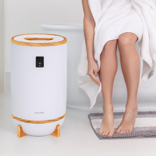 Chauffe-couverture SereneLife avec porte-disque parfumé et anneau LED, convient à deux grandes serviettes de bain, arrêt automatique, bambou, fini