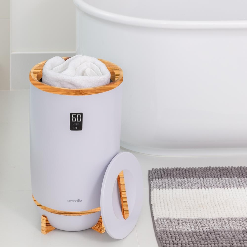Chauffe-couverture SereneLife avec porte-disque parfumé et anneau LED, convient à deux grandes serviettes de bain, arrêt automatique, bambou, fini