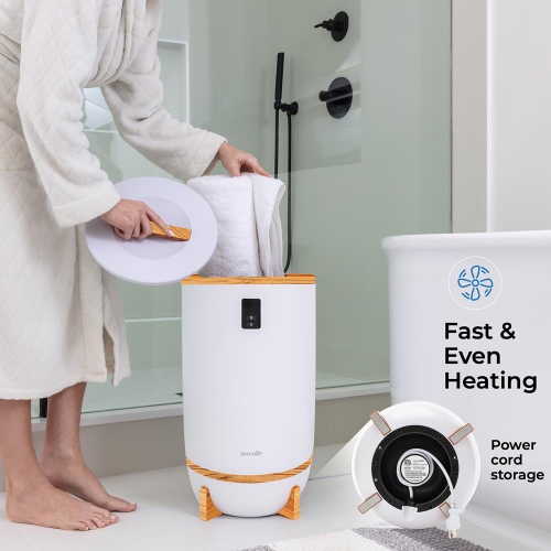 Chauffe-couverture SereneLife avec porte-disque parfumé et anneau LED, convient à deux grandes serviettes de bain, arrêt automatique, bambou, fini