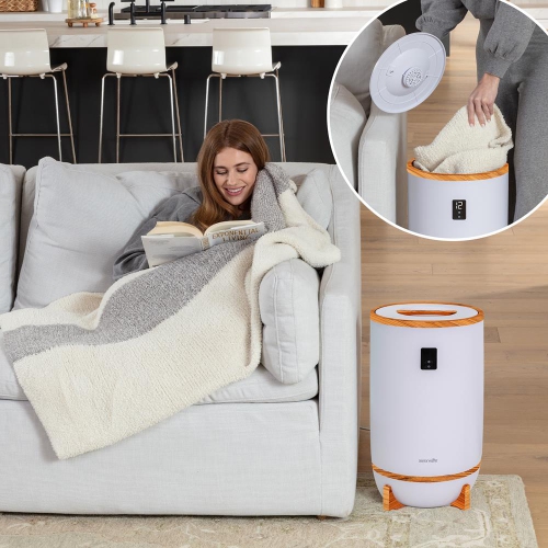 Chauffe-couverture SereneLife avec porte-disque parfumé et anneau LED, convient à deux grandes serviettes de bain, arrêt automatique, bambou, fini