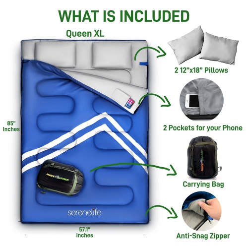 Sac de couchage double avec deux oreillers – Sac de couchage léger et étanche pour adultes ou adolescents, pour le camping, le sac à dos ou la