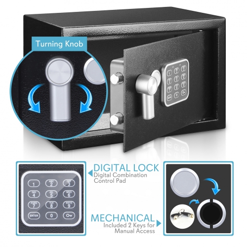 Compact Electronic Safe Box with Digital Touch Pad, Mechanical Override, Includes Keys