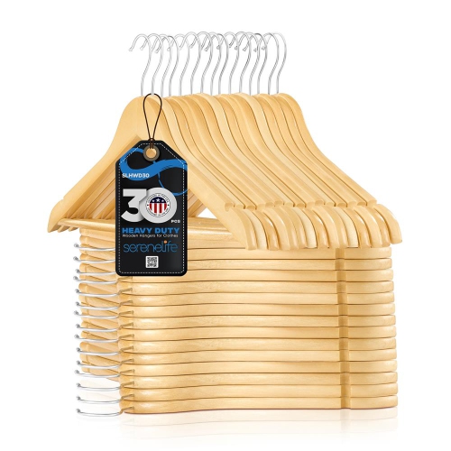 SERENELIFE  30 PCs. Of Solid Wooden Hangers for Clothes - Heavy Duty Suit Hanger Set With Chrome 360° Swivel Hook