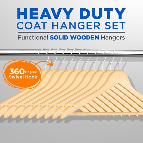 30 Pcs. of Solid Wooden Hangers for Clothes - Heavy Duty Suit Hanger Set with Chrome 360° Swivel Hook