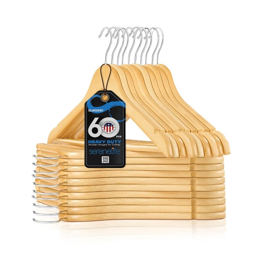 60 Pcs. of Solid Wooden Hangers for Clothes - Heavy Duty Suit Hanger Set with Chrome 360° Swivel Hook-