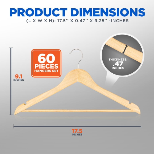 60 Pcs. of Solid Wooden Hangers for Clothes - Heavy Duty Suit Hanger Set with Chrome 360° Swivel Hook-