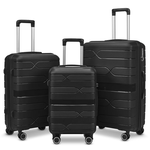 Image 1 of 7.. TRAVLR Elite 3-Piece Expandable Lightweight Luggage Set with TSA Lock, Aluminum Trolley & Mute Wheels -Black.