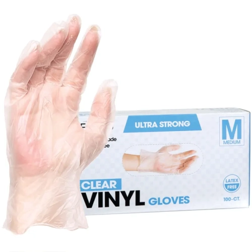 Disposable Vinyl Gloves, Clear, Industrial Grade, Powder-Free, Latex-Free, Non-Sterile, Food Safe, 2.75 Mil. Palm, 3.9 Mil. Fingers, Medium, 100-Count