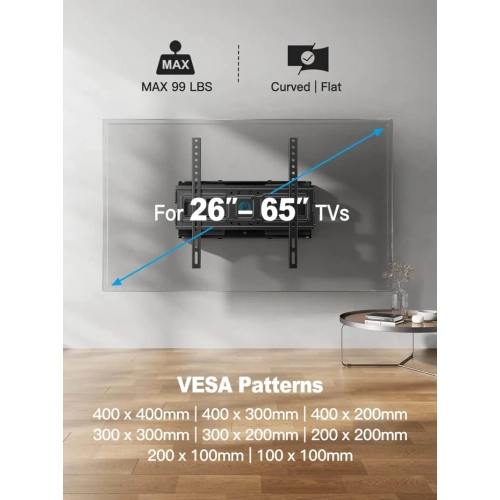 Full Motion TV Wall Mount for 26-65 Inch TVs, Up to 99lbs and VESA 400x400mm, Articulating Swivel Extension Tilt Leveling LED LCD OLED 4K Flat Curved