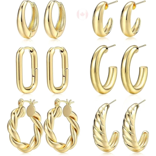 Gold Hoop Earrings Set for Women, 14K Gold Plated Hypoallergenic Chunky Open Hoops Set for Gift