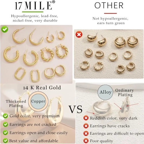 Gold Hoop Earrings Set for Women, 14K Gold Plated Hypoallergenic Chunky Open Hoops Set for Gift
