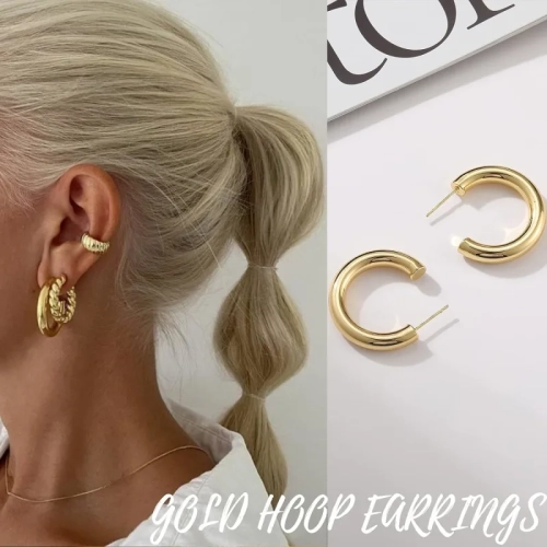 Gold Hoop Earrings Set for Women, 14K Gold Plated Hypoallergenic Chunky Open Hoops Set for Gift