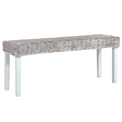 vidaXL Bench 110 cm White Natural Kubu Rattan and Solid Mahogany Wood