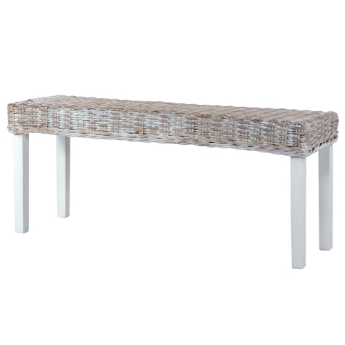 vidaXL Bench 110 cm White Natural Kubu Rattan and Solid Mahogany Wood
