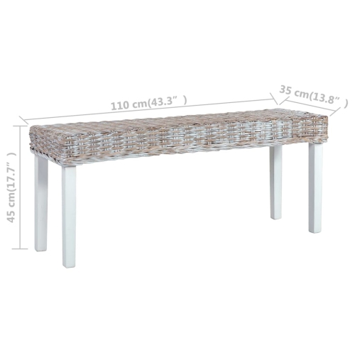 vidaXL Bench 110 cm White Natural Kubu Rattan and Solid Mahogany Wood