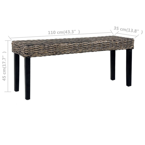 vidaXL Bench 110 cm Black Natural Kubu Rattan and Solid Mahogany Wood