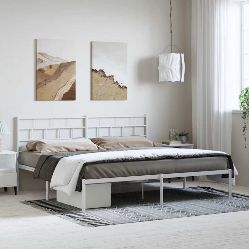 vidaXL White Metal King Bed Frame with Headboard, Heavy-Duty, Under-Bed Storage, No Mattress