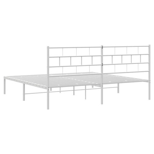 vidaXL White Metal King Bed Frame with Headboard, Heavy-Duty, Under-Bed Storage, No Mattress