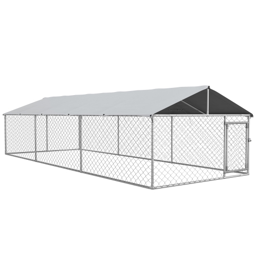 PawHut Outdoor Dog Kennel Dog Run with Waterproof, UV Resistant Cover for Medium and Large Sized Dogs, 19.7' x 7.5' x 4.9', Silver