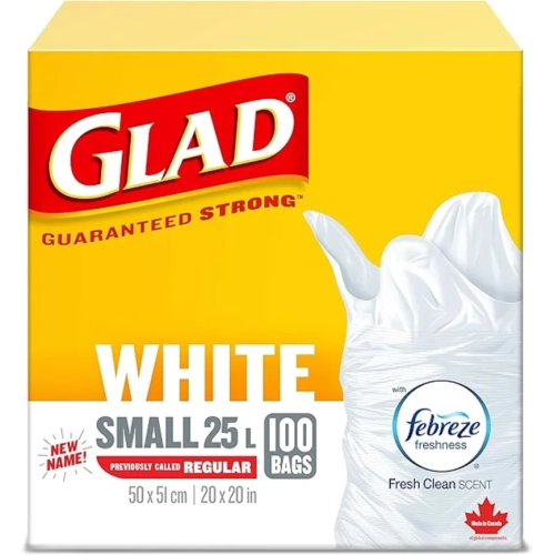 Glad White Garbage Bags - Small 25 Litres - Febreze Fresh Clean Scent - 100 Trash Bags - Made in Canada of Global Components