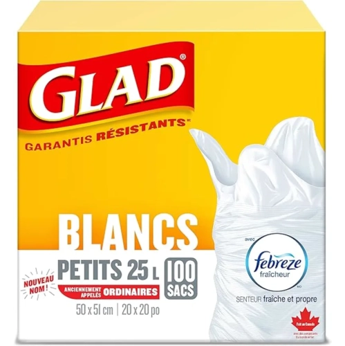 Glad White Garbage Bags - Small 25 Litres - Febreze Fresh Clean Scent - 100 Trash Bags - Made in Canada of Global Components