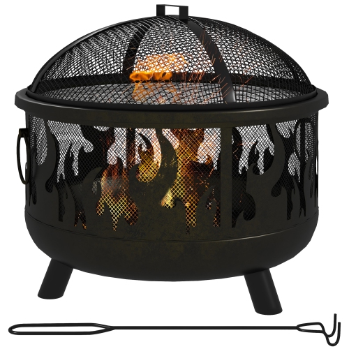 Outsunny 24" Round Outdoor Fire Pit, 2-In-1 Firepit Bowl with Lid, Grill, Poker, Handles for Garden, Camping, BBQ, Bonfire, Wood Burning Stove, Black