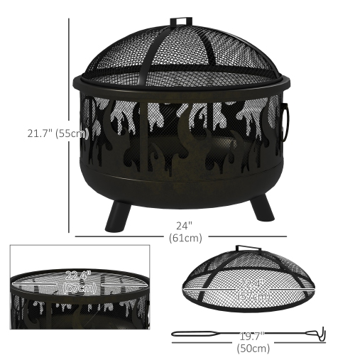 Outsunny 24" Round Outdoor Fire Pit, 2-In-1 Firepit Bowl with Lid, Grill, Poker, Handles for Garden, Camping, BBQ, Bonfire, Wood Burning Stove, Black