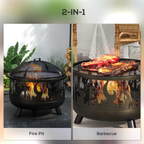 Outsunny 24" Round Outdoor Fire Pit, 2-In-1 Firepit Bowl with Lid, Grill, Poker, Handles for Garden, Camping, BBQ, Bonfire, Wood Burning Stove, Black