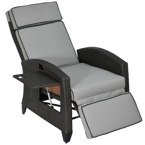 Fauteuil inclinable extérieur Outsunny avec coussin, chaise longue de patio inclinable en osier PE avec repose-pieds réglable, accoudoirs, plateau la