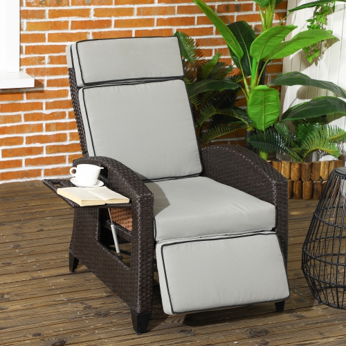 Outsunny Outdoor Recliner Chair with Cushion, PE Wicker Reclining Patio Lounge Chair with Adjustable Footrest, Armrests, Side Tray, for Balcony,