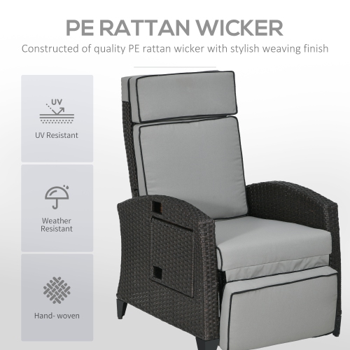 Outsunny Outdoor Recliner Chair with Cushion, PE Wicker Reclining Patio Lounge Chair with Adjustable Footrest, Armrests, Side Tray, for Balcony,