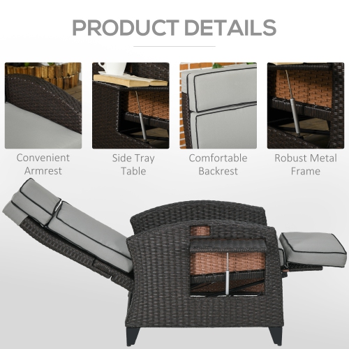 Outsunny Outdoor Recliner Chair with Cushion, PE Wicker Reclining Patio Lounge Chair with Adjustable Footrest, Armrests, Side Tray, for Balcony,