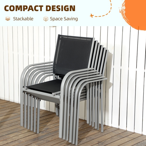 Outsunny 7 Piece Patio Dining Set, Outdoor Table and 6 Stackable Chairs, Steel Frame, Tempered Glass Top Table, Mesh Seats, Black